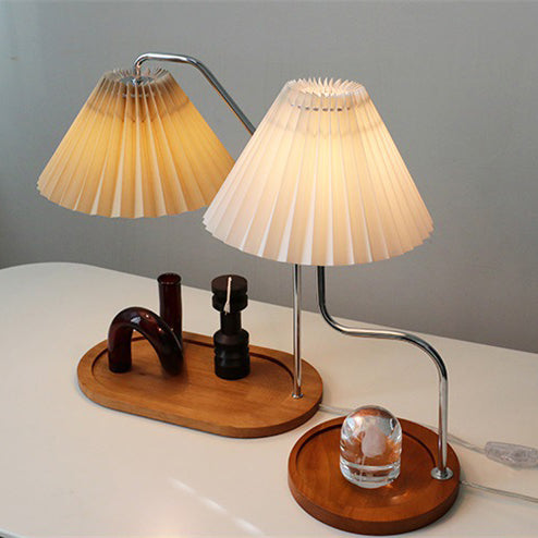 Traditionelle Vintage Regenschirm Runde Plissee Stoff Holz USB 1-Licht Tischlampe für Wohnzimmer 