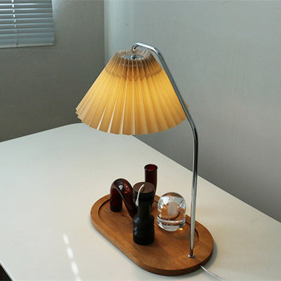 Traditionelle Vintage Regenschirm Runde Plissee Stoff Holz USB 1-Licht Tischlampe für Wohnzimmer 