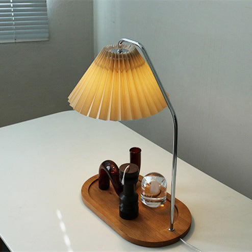 Traditionelle Vintage Regenschirm Runde Plissee Stoff Holz USB 1-Licht Tischlampe für Wohnzimmer 