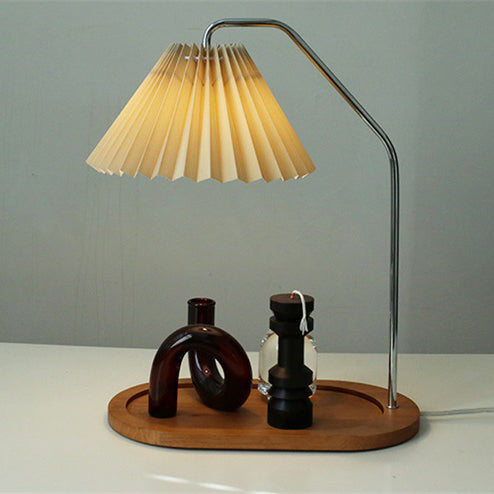 Traditionelle Vintage Regenschirm Runde Plissee Stoff Holz USB 1-Licht Tischlampe für Wohnzimmer 