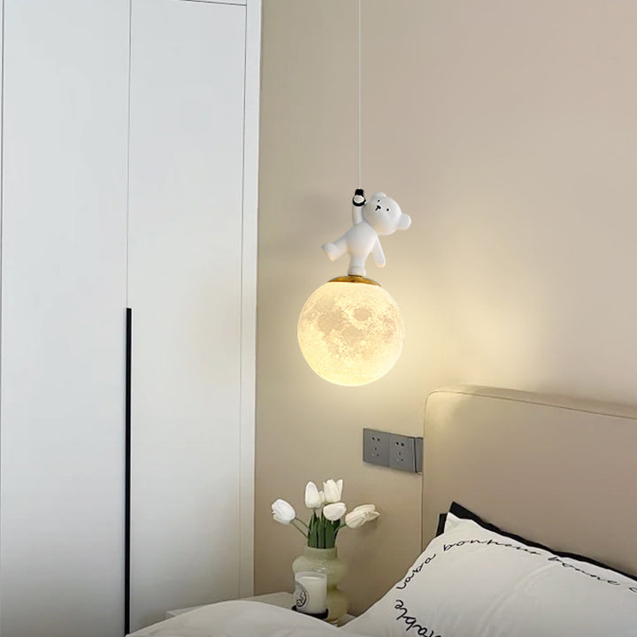 Contemporary Creative Kids Cartoon Resin Bear PLA Shade LED Pendant Light For Bedroom