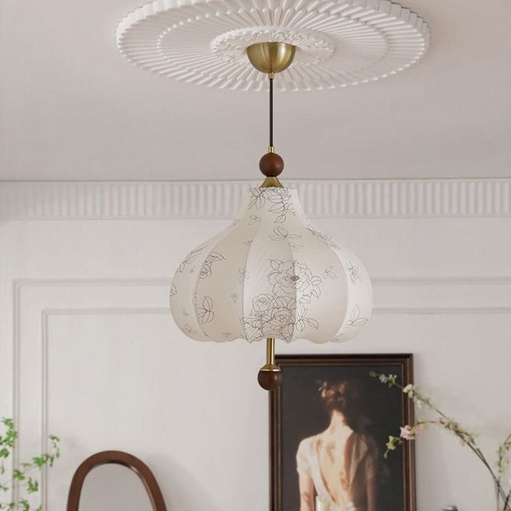 Traditionelle französische runde trapezförmige Blumenmuster-Pendelleuchte aus Holzgewebe mit 1/3/5 Lichtern für Wohnzimmer 