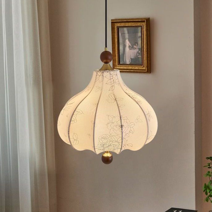 Traditionelle französische runde trapezförmige Blumenmuster-Pendelleuchte aus Holzgewebe mit 1/3/5 Lichtern für Wohnzimmer 