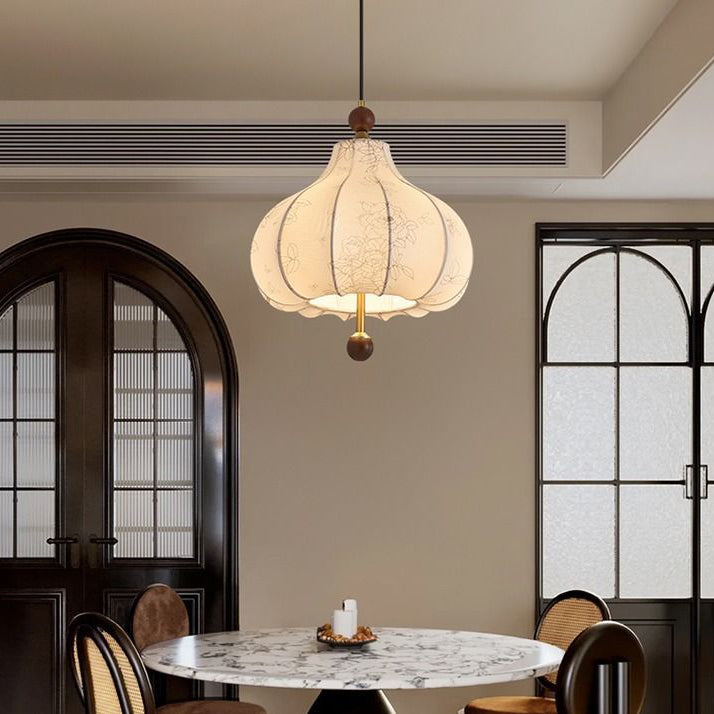 Traditionelle französische runde trapezförmige Blumenmuster-Pendelleuchte aus Holzgewebe mit 1/3/5 Lichtern für Wohnzimmer 