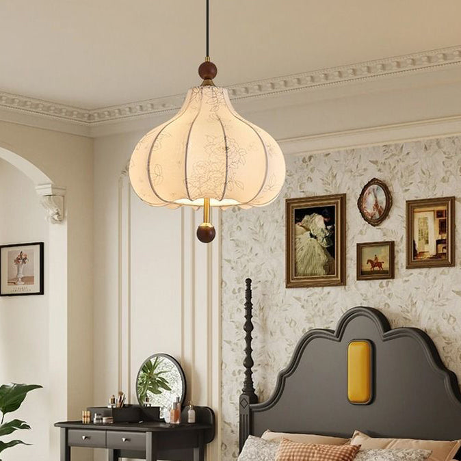 Traditionelle französische runde trapezförmige Blumenmuster-Pendelleuchte aus Holzgewebe mit 1/3/5 Lichtern für Wohnzimmer 