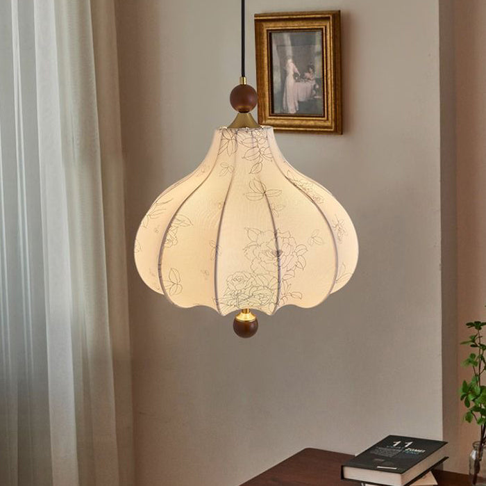 Traditionelle französische runde trapezförmige Blumenmuster-Pendelleuchte aus Holzgewebe mit 1/3/5 Lichtern für Wohnzimmer 