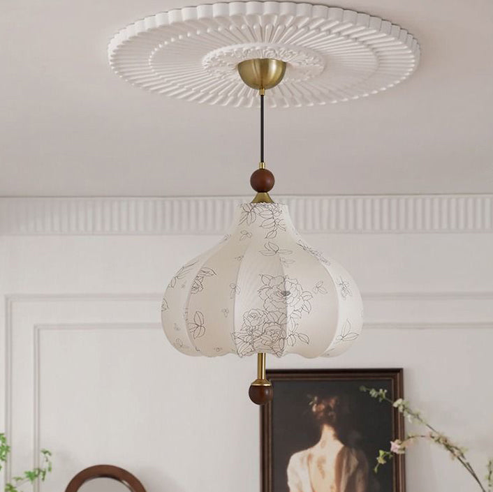 Traditionelle französische runde trapezförmige Blumenmuster-Pendelleuchte aus Holzgewebe mit 1/3/5 Lichtern für Wohnzimmer 