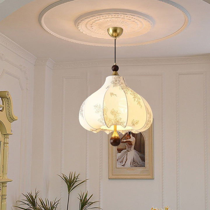 Traditionelle französische runde trapezförmige Blumenmuster-Pendelleuchte aus Holzgewebe mit 1/3/5 Lichtern für Wohnzimmer 