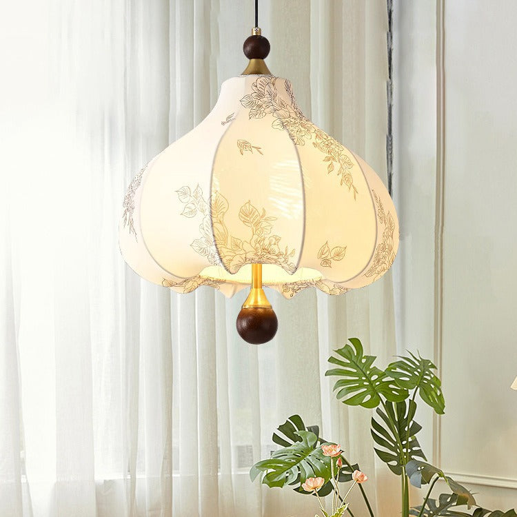 Traditionelle französische runde trapezförmige Blumenmuster-Pendelleuchte aus Holzgewebe mit 1/3/5 Lichtern für Wohnzimmer 