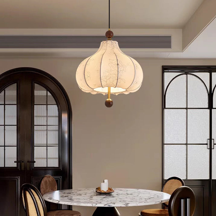 Traditionelle französische runde trapezförmige Blumenmuster-Pendelleuchte aus Holzgewebe mit 1/3/5 Lichtern für Wohnzimmer 