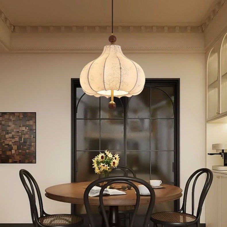 Traditionelle französische runde trapezförmige Blumenmuster-Pendelleuchte aus Holzgewebe mit 1/3/5 Lichtern für Wohnzimmer 