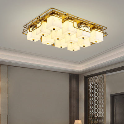 Traditionelle chinesische Marmor Messing quadratische rechteckige LED Unterputz Deckenleuchte für Wohnzimmer 