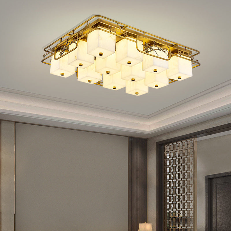 Traditionelle chinesische Marmor Messing quadratische rechteckige LED Unterputz Deckenleuchte für Wohnzimmer 