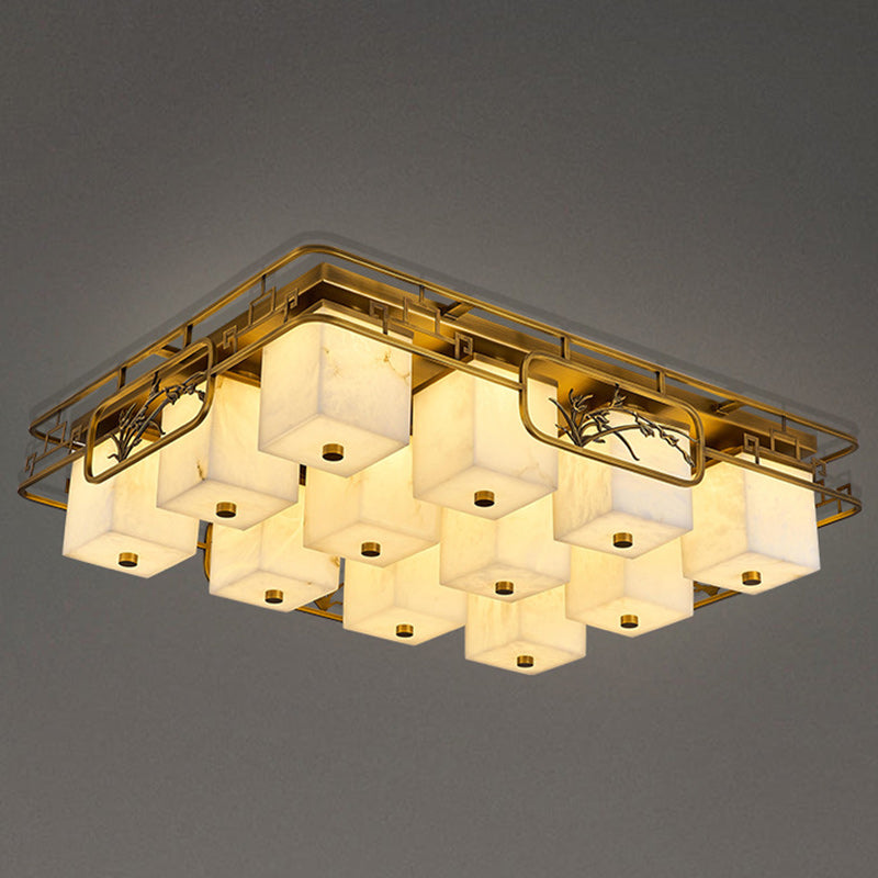 Traditionelle chinesische Marmor Messing quadratische rechteckige LED Unterputz Deckenleuchte für Wohnzimmer 