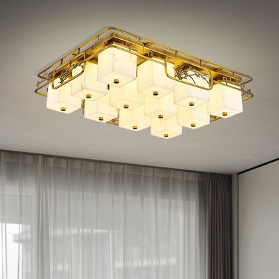 Traditionelle chinesische Marmor Messing quadratische rechteckige LED Unterputz Deckenleuchte für Wohnzimmer 
