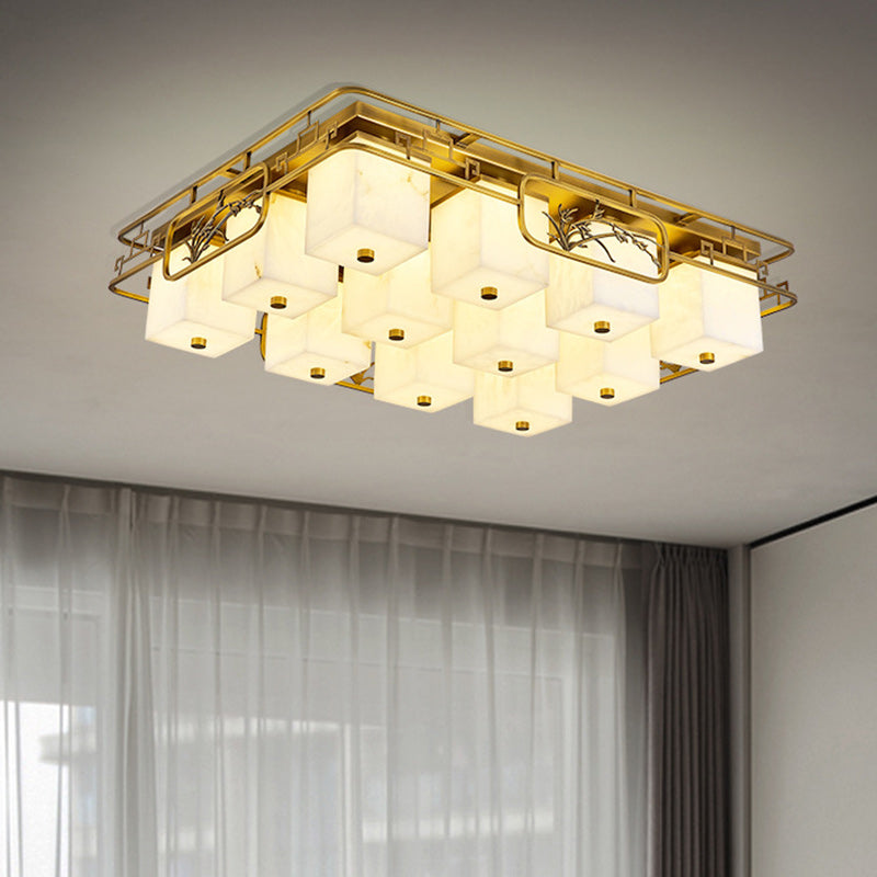 Traditionelle chinesische Marmor Messing quadratische rechteckige LED Unterputz Deckenleuchte für Wohnzimmer 