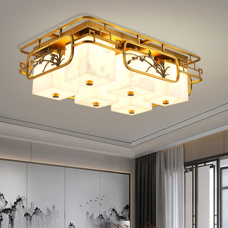 Traditionelle chinesische Marmor Messing quadratische rechteckige LED Unterputz Deckenleuchte für Wohnzimmer 