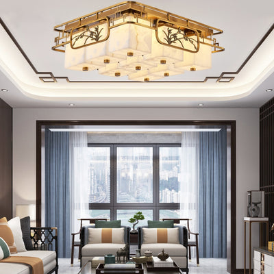 Traditionelle chinesische Marmor Messing quadratische rechteckige LED Unterputz Deckenleuchte für Wohnzimmer 