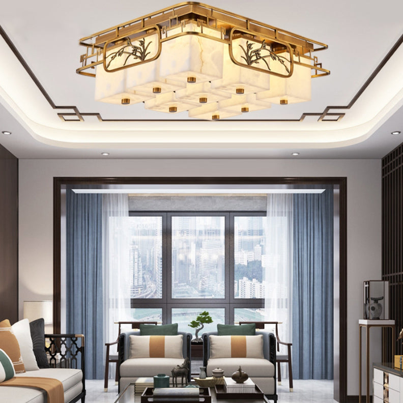 Traditionelle chinesische Marmor Messing quadratische rechteckige LED Unterputz Deckenleuchte für Wohnzimmer 