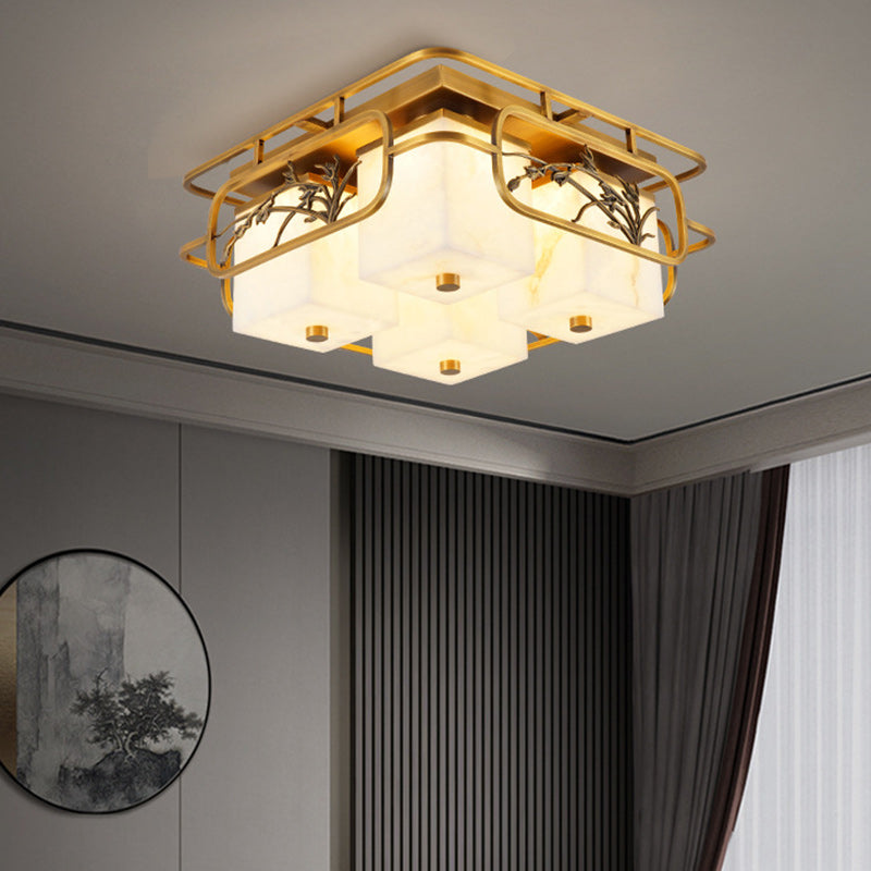 Traditionelle chinesische Marmor Messing quadratische rechteckige LED Unterputz Deckenleuchte für Wohnzimmer 