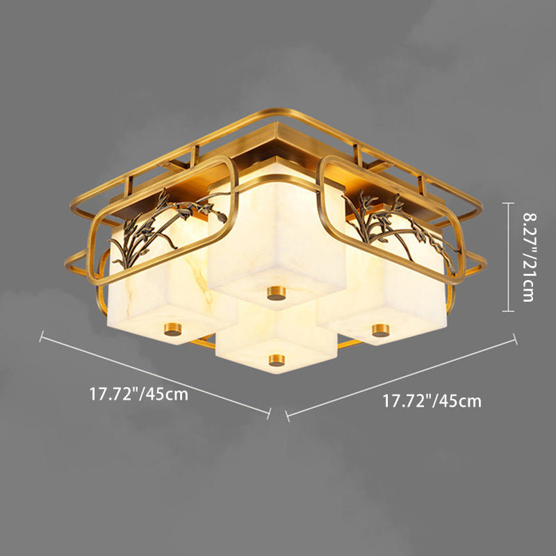 Traditionelle chinesische Marmor Messing quadratische rechteckige LED Unterputz Deckenleuchte für Wohnzimmer 