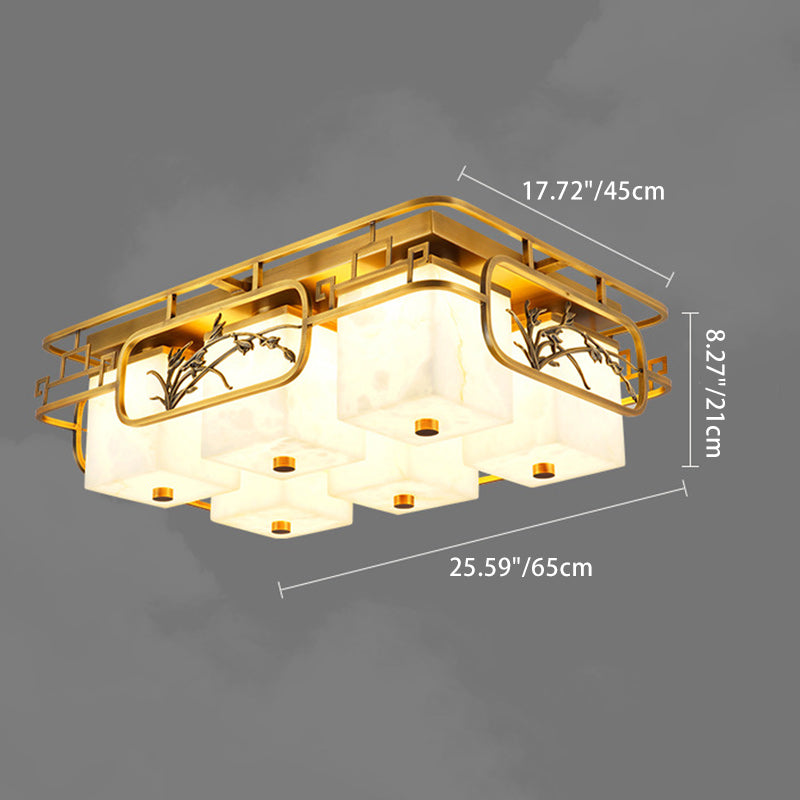 Traditionelle chinesische Marmor Messing quadratische rechteckige LED Unterputz Deckenleuchte für Wohnzimmer 