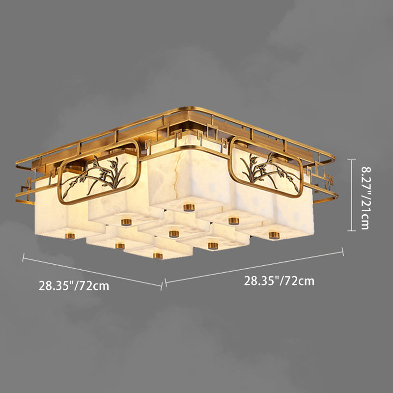 Traditionelle chinesische Marmor Messing quadratische rechteckige LED Unterputz Deckenleuchte für Wohnzimmer 
