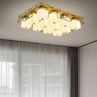 Traditionelle chinesische Marmor Messing quadratische rechteckige LED Unterputz Deckenleuchte für Wohnzimmer 