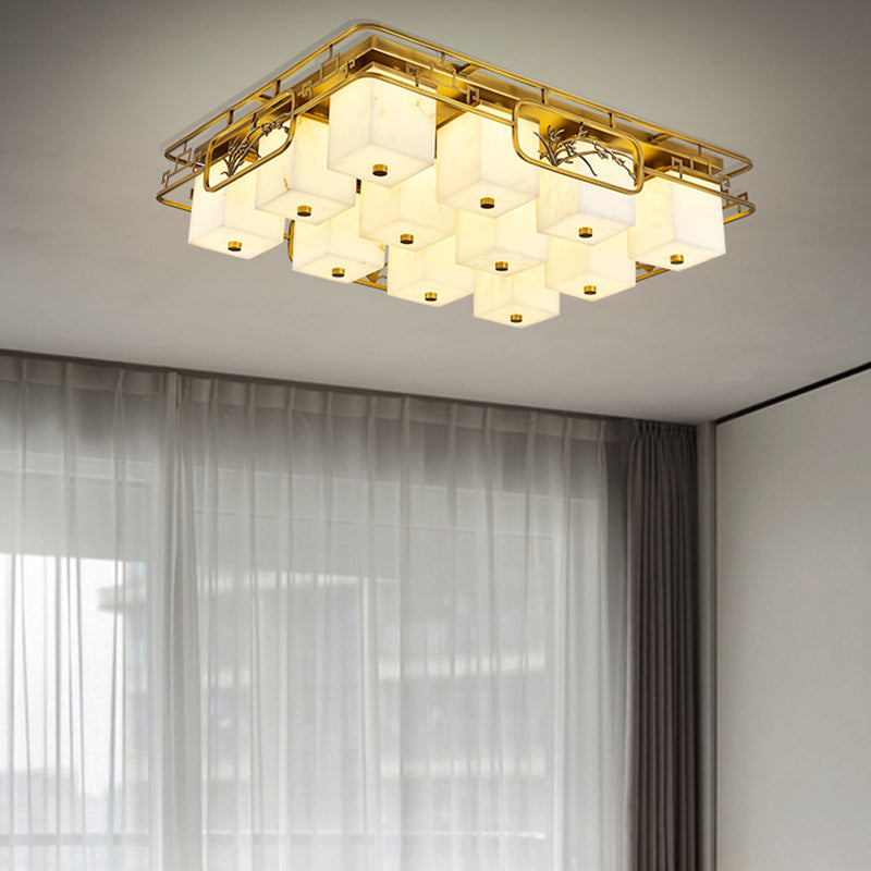 Traditionelle chinesische Marmor Messing quadratische rechteckige LED Unterputz Deckenleuchte für Wohnzimmer 