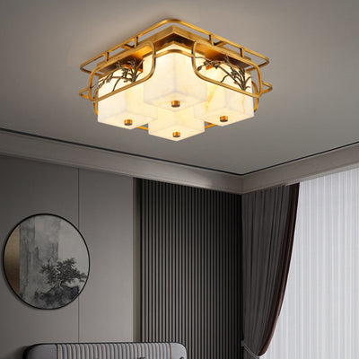 Traditionelle chinesische Marmor Messing quadratische rechteckige LED Unterputz Deckenleuchte für Wohnzimmer 