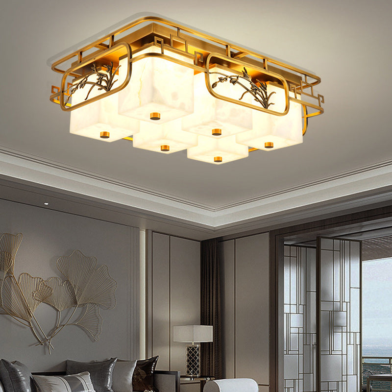 Traditionelle chinesische Marmor Messing quadratische rechteckige LED Unterputz Deckenleuchte für Wohnzimmer 