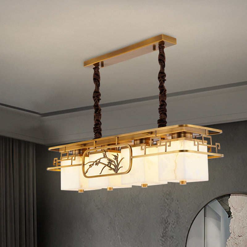 Traditioneller chinesischer rechteckiger quadratischer LED-Kronleuchter aus Marmormessing für Esszimmer 