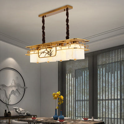 Traditioneller chinesischer rechteckiger quadratischer LED-Kronleuchter aus Marmormessing für Esszimmer 