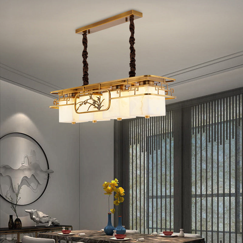 Traditioneller chinesischer rechteckiger quadratischer LED-Kronleuchter aus Marmormessing für Esszimmer 