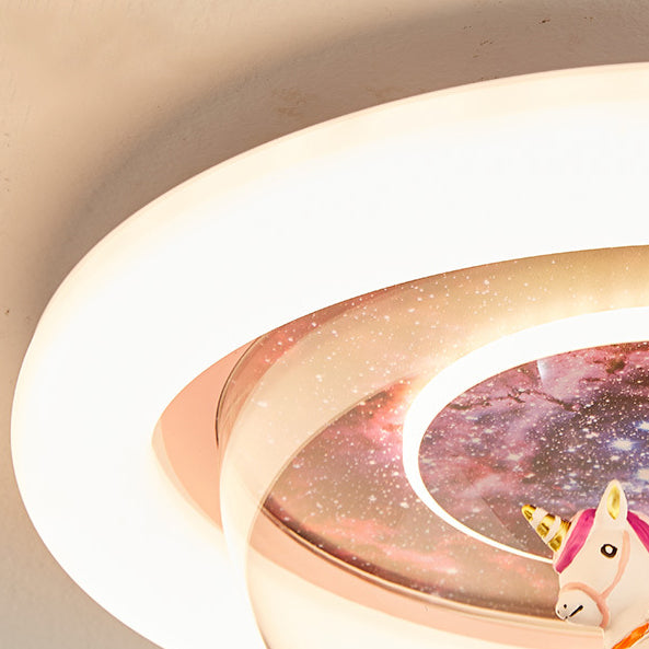 Lumière de plafond LED en résine acrylique en fer rond avec licorne et ciel étoilé pour enfants, lumière pour chambre d&