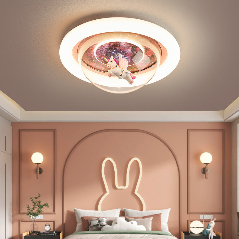 Lumière de plafond LED en résine acrylique en fer rond avec licorne et ciel étoilé pour enfants, lumière pour chambre d&