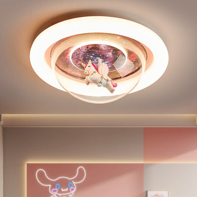 Lumière de plafond LED en résine acrylique en fer rond avec licorne et ciel étoilé pour enfants, lumière pour chambre d'enfant 