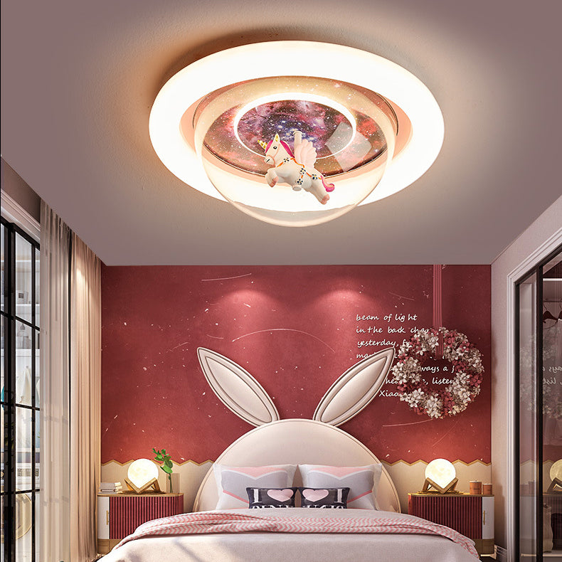 Lumière de plafond LED en résine acrylique en fer rond avec licorne et ciel étoilé pour enfants, lumière pour chambre d&