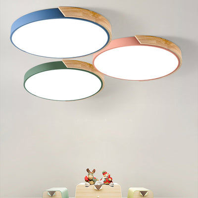 Modern Minimalist Round Macaron Iron Wood Acrylic LED Flush Mount Ceiling Light For Living Room