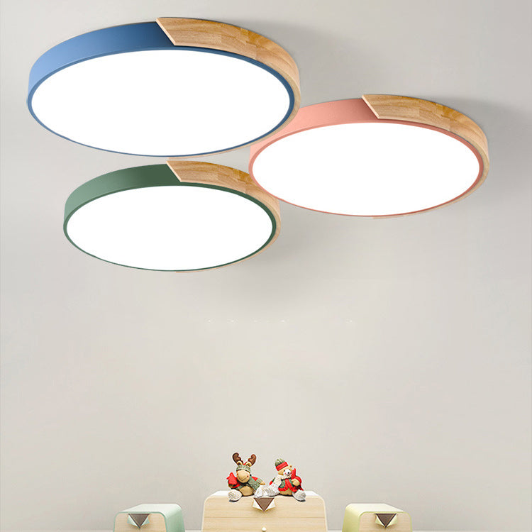 Modern Minimalist Round Macaron Iron Wood Acrylic LED Flush Mount Ceiling Light For Living Room