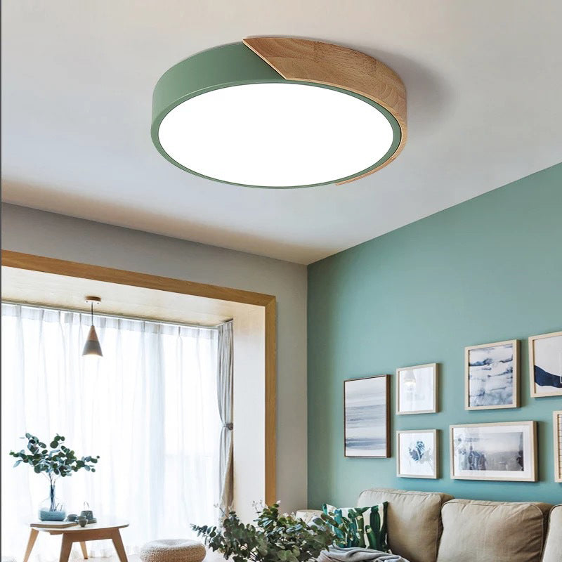 Modern Minimalist Round Macaron Iron Wood Acrylic LED Flush Mount Ceiling Light For Living Room