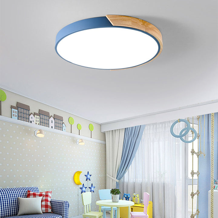 Plafonnier LED rond minimaliste moderne en macaron fer bois acrylique pour salon 