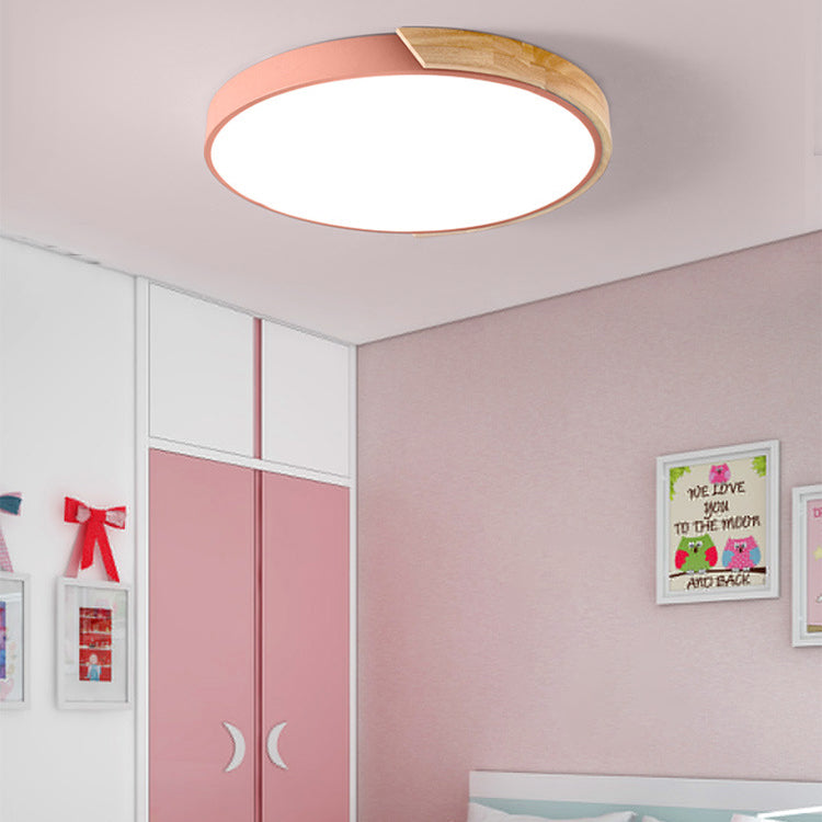 Modern Minimalist Round Macaron Iron Wood Acrylic LED Flush Mount Ceiling Light For Living Room