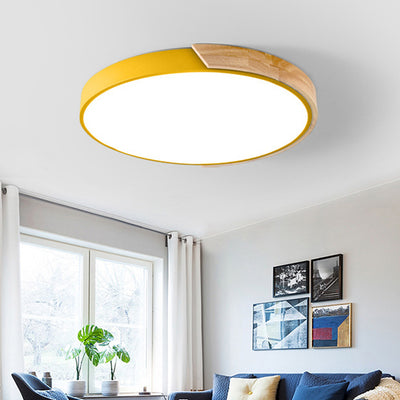 Modern Minimalist Round Macaron Iron Wood Acrylic LED Flush Mount Ceiling Light For Living Room
