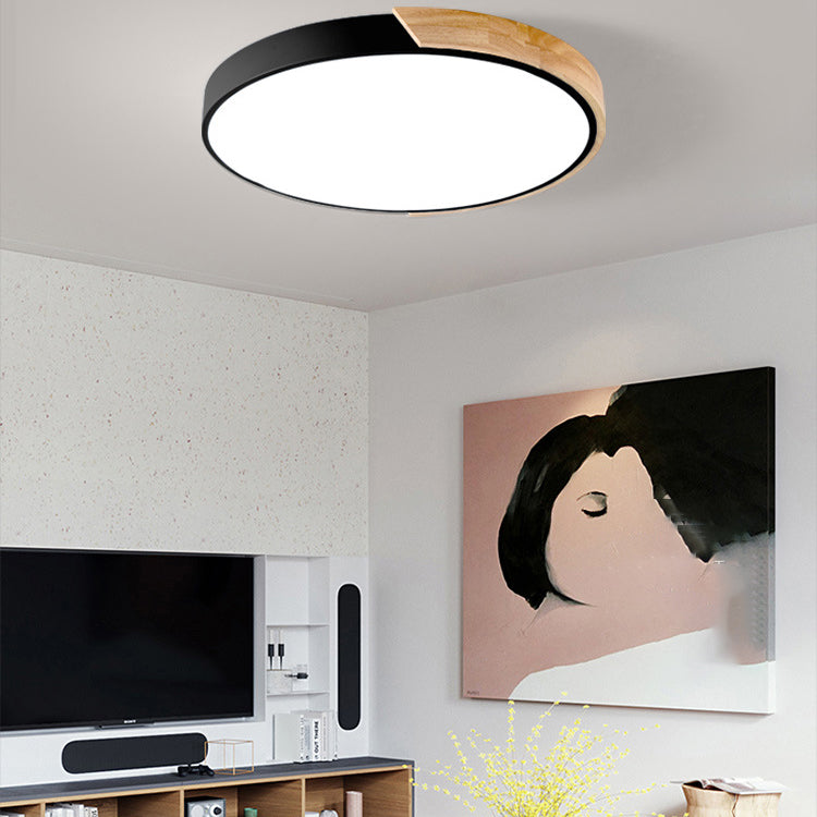 Modern Minimalist Round Macaron Iron Wood Acrylic LED Flush Mount Ceiling Light For Living Room