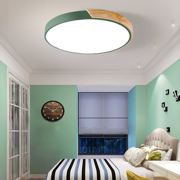 Modern Minimalist Round Macaron Iron Wood Acrylic LED Flush Mount Ceiling Light For Living Room
