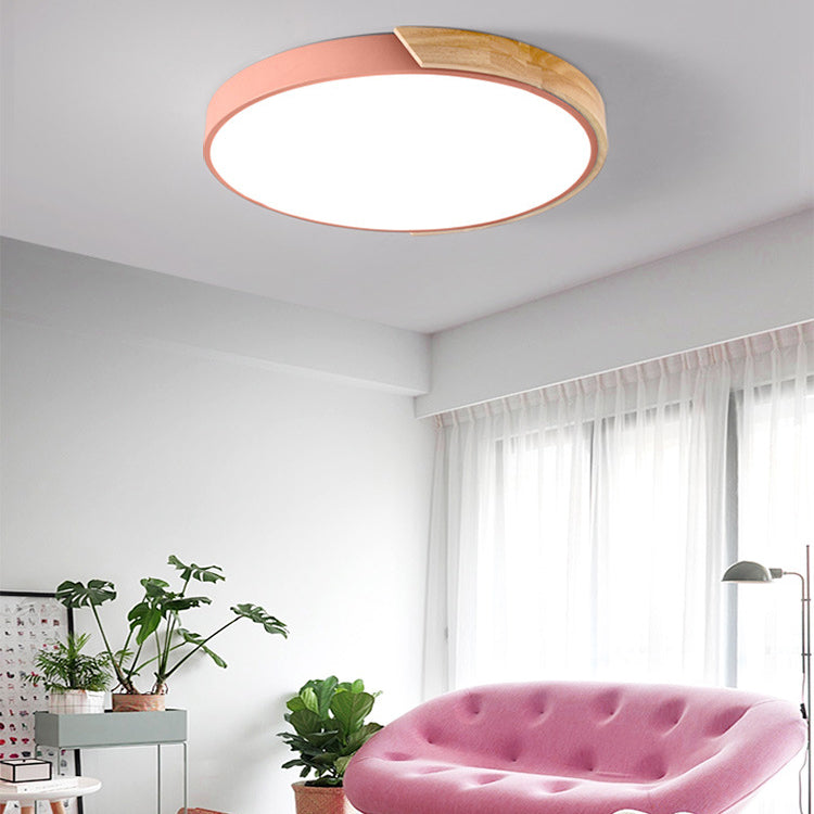 Modern Minimalist Round Macaron Iron Wood Acrylic LED Flush Mount Ceiling Light For Living Room