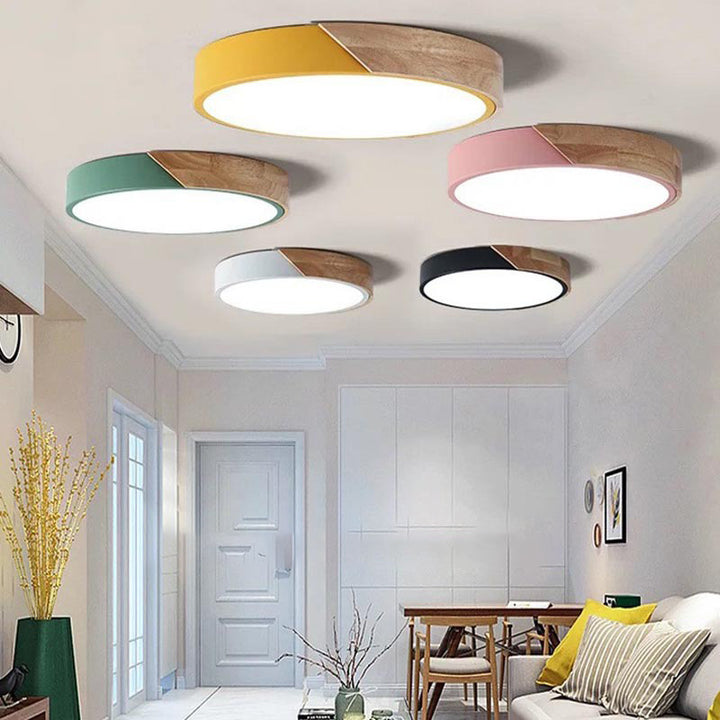 Plafonnier LED rond minimaliste moderne en macaron fer bois acrylique pour salon 