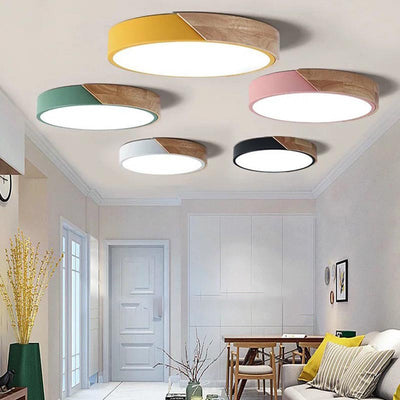 Modern Minimalist Round Macaron Iron Wood Acrylic LED Flush Mount Ceiling Light For Living Room