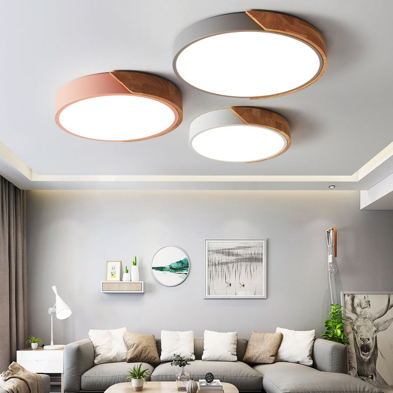 Modern Minimalist Round Macaron Iron Wood Acrylic LED Flush Mount Ceiling Light For Living Room